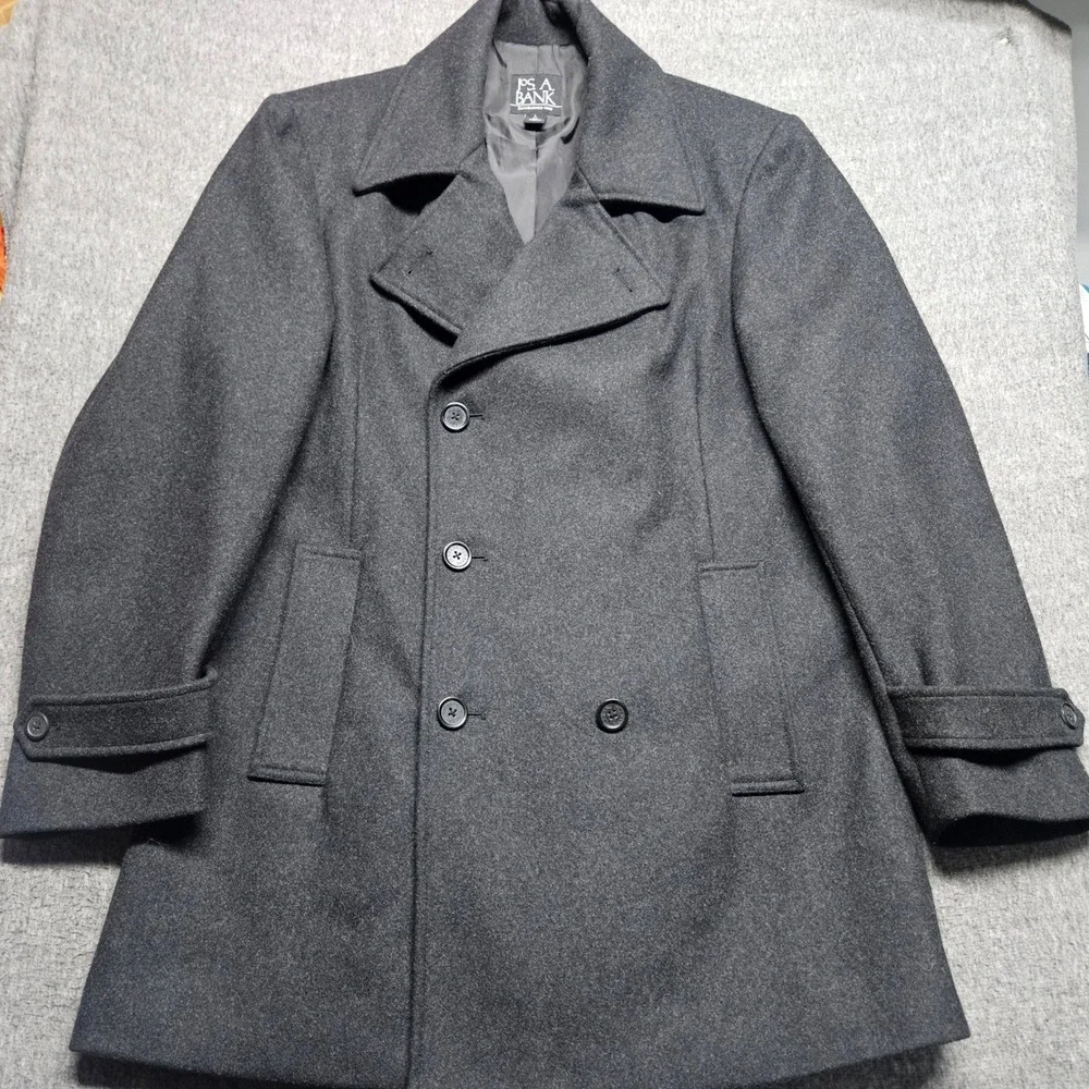 Jos A Bank Pea Coat Mens L Gray Wool Blend Double Breasted Winter Jacket